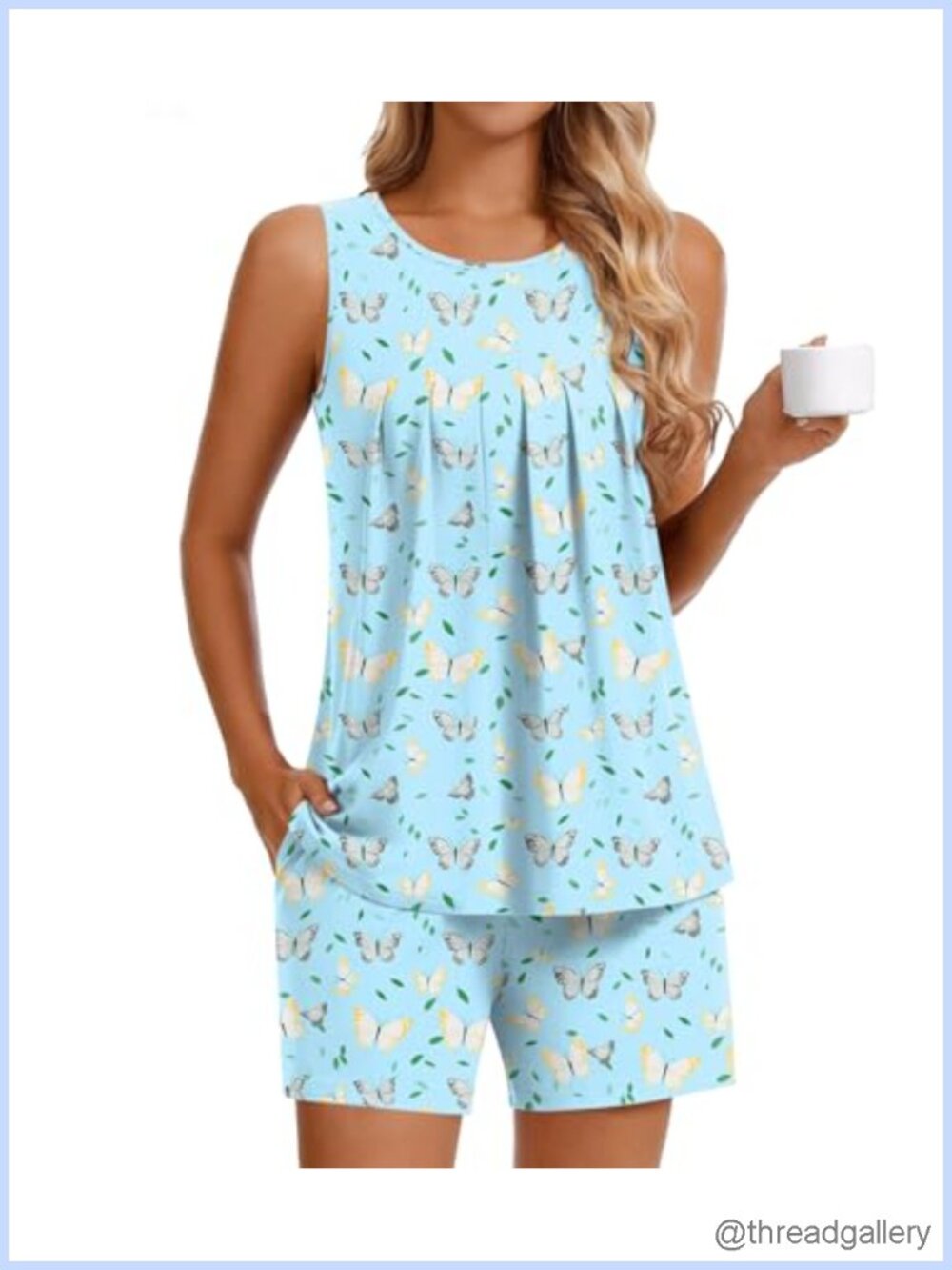 2 Piece Sleeveless Pajama Set with Shorts and Pockets